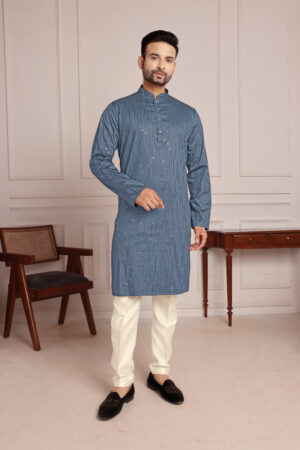 Embroidered Cotton Mandarin Collar Kurta (Steel Blue)