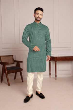 Embroidered Cotton Mandarin Collar Kurta (Turquoise Green)