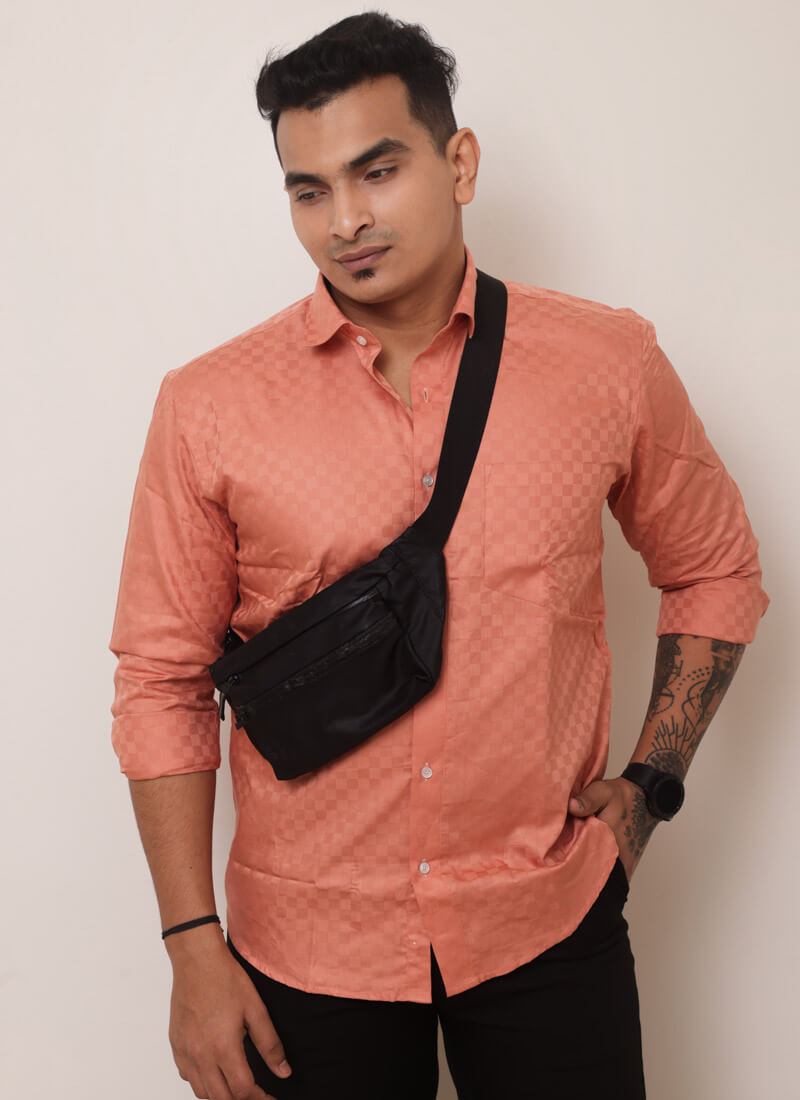 coral checkered shirt men