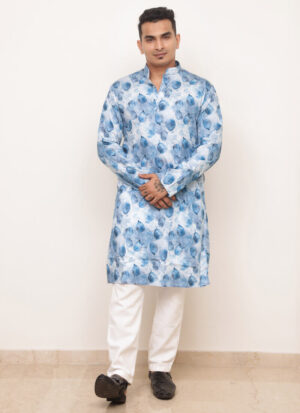 Blue Leaf Print Cotton Kurta for Men