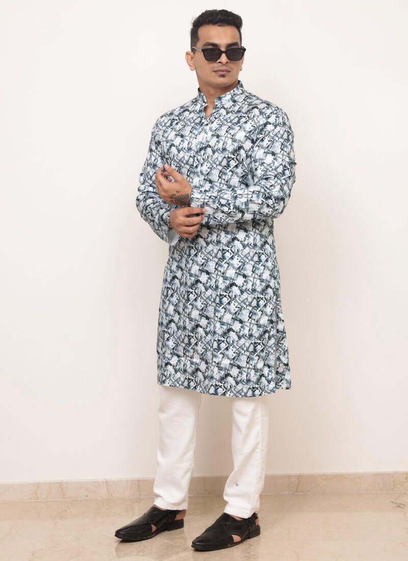 white abstract brushstroke kurta men