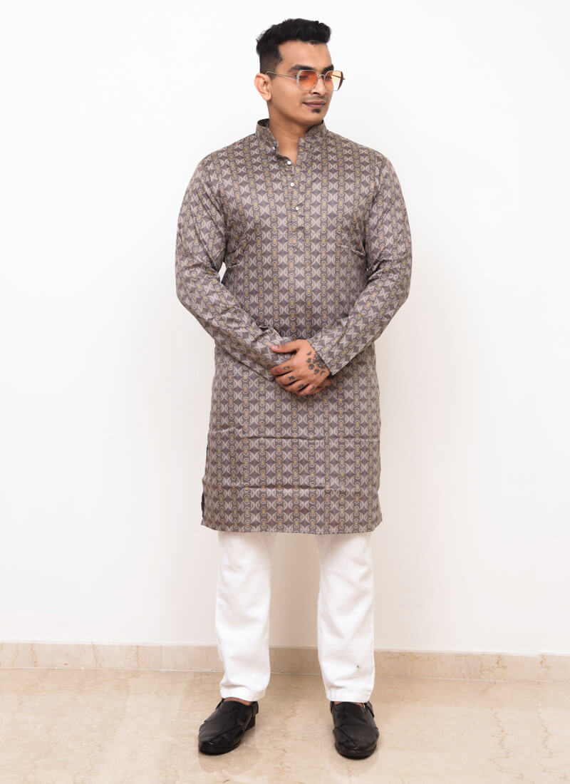 brown printed kurta for men