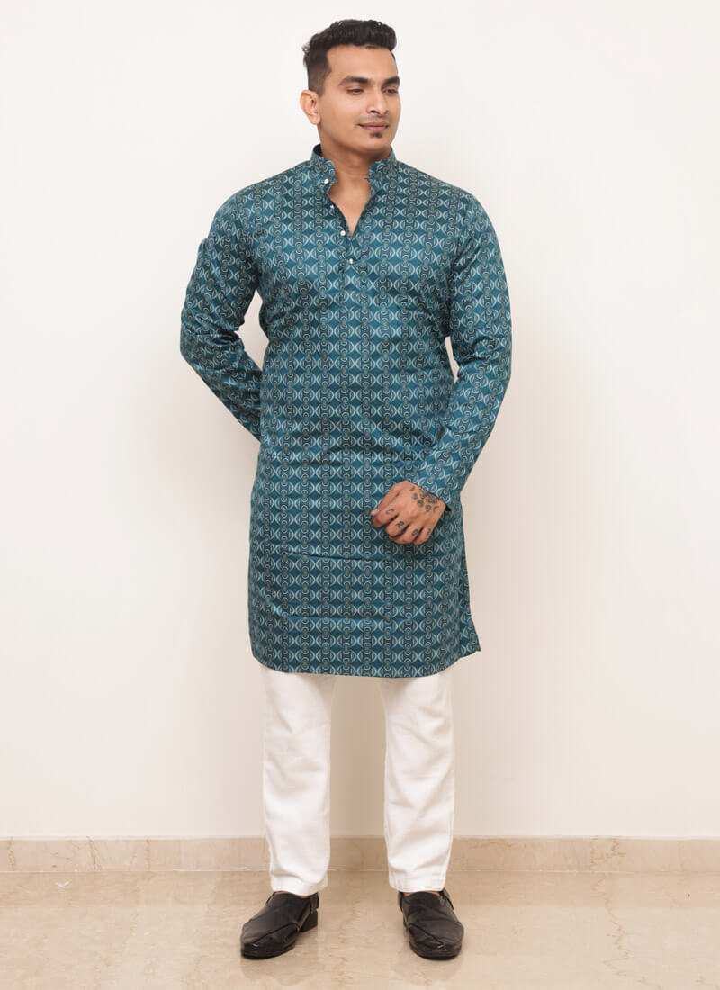 elegant blue printed kurta for men