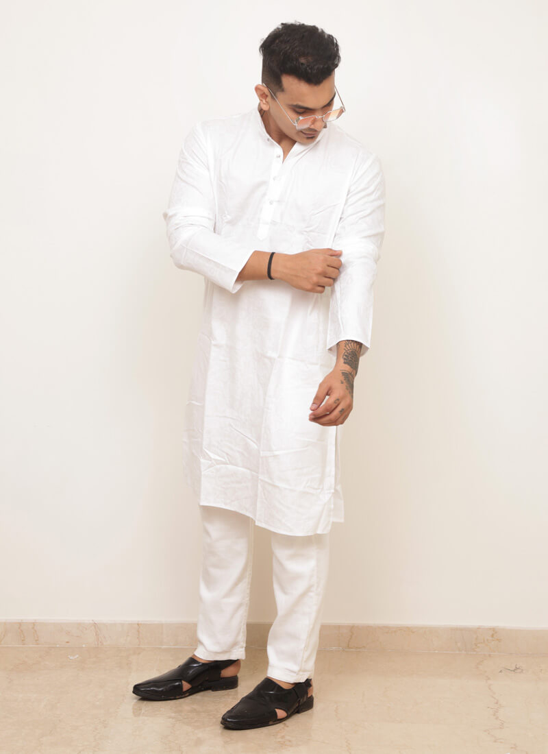 Classic White Jacquard Embossed Cotton Kurta
