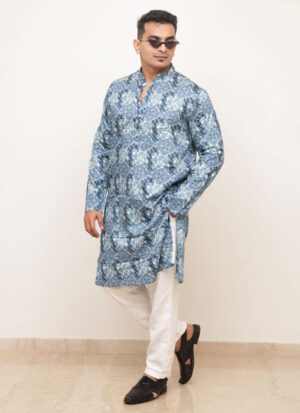 blue patchwork paisley print mens kurta