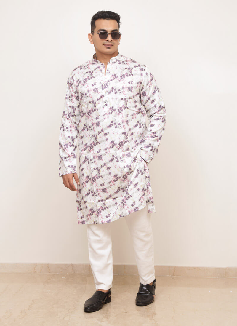 Abstract Brushstroke Print Men’s Cotton Blend Kurta