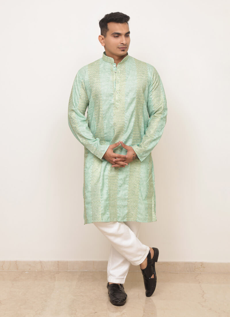 Buy Mint Green Heritage Print Kurta with Crochet