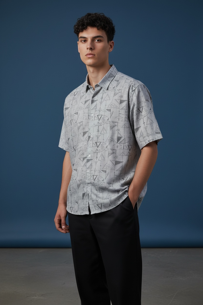 Geo Print Shirt - Light Grey with geometric print