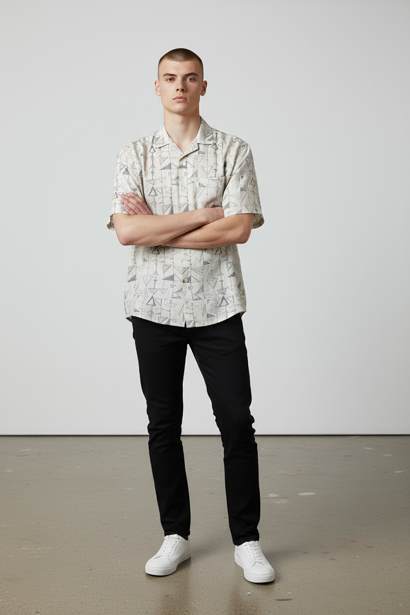 Geo Print Shirt - Light Beige with geometric print